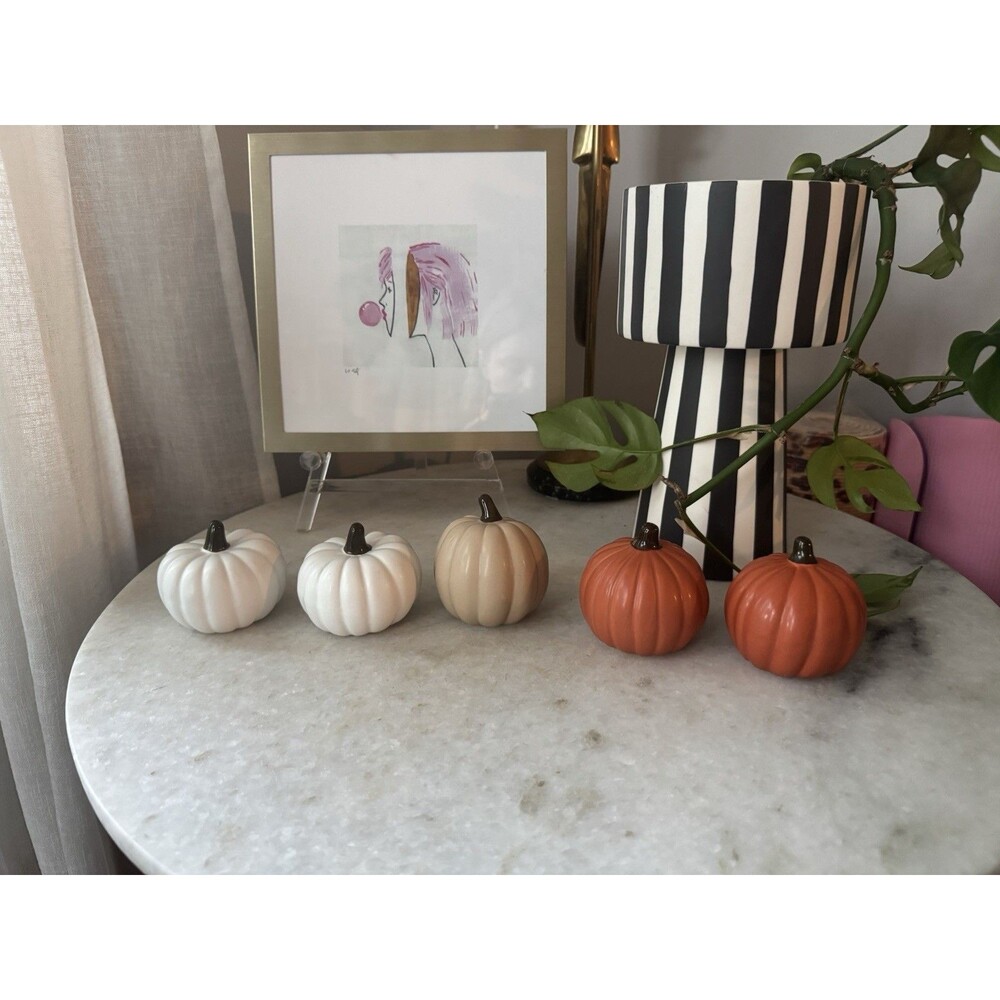 5 Ceramic Pumpkins In Orange, White, And Beige
